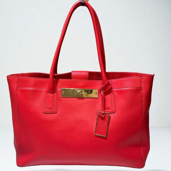 Vince Camuto Red Leather Tote Bag Structured shoulder handbag with gold hardware - Picture 1 of 7